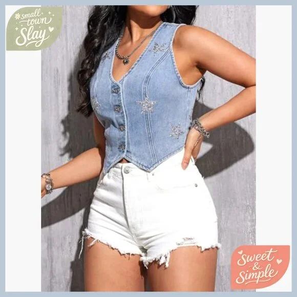 Sleeveless Denim Vest Top with Rhinestone Star Buttons and V-Neck